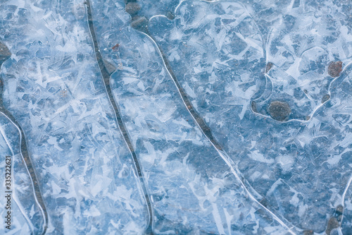 Texture of ice. Frosts, frozen water on the street. Beautiful background with ice close-up, top view.