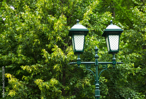 photo of a lantern in the Park against the background of green trees in the daytime