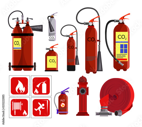 Fire extinguisher icons set. Flat icons on white background. Balloon, fire hydrant, water balloon. Fire service concept. illustration can be used for topics like social service, danger, fire