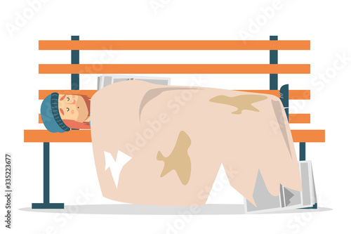 Homeless man sleeping on the bench vector