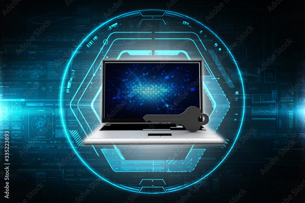 laptop key security concept. 3D illustration