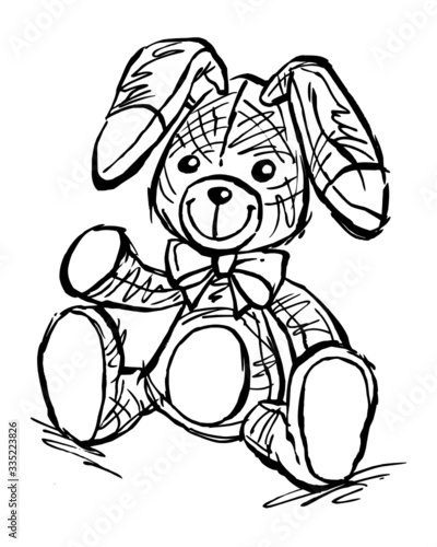 Cute bunny soft toy pet with ribbon on neck sitting and waving for greeting, black and white cartoon