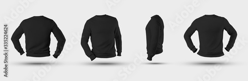 Stylish male black pullover template, 3D rendering, front, back, side view for design presentation.