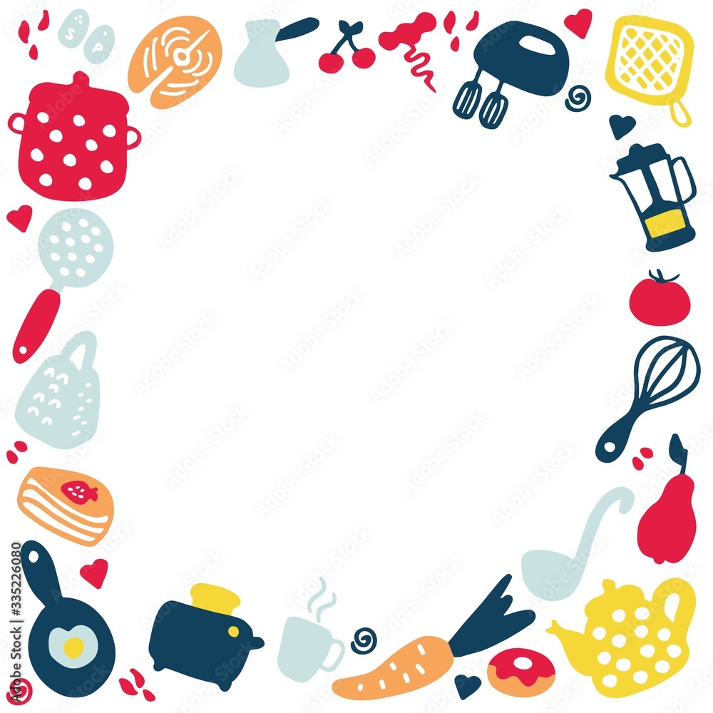 Hand-drawn frame of kitchen items. Doodle icons of kitchen appliances, devices for cooking, products and dishes. Hand-drawn frame of kitchen items. Doodle icons of kitchen appliances, devices for cooking, products and dishes.