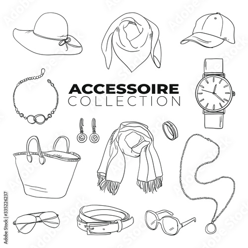 Doodle set of Fashion Accessoires Collection – accessory, bag, beauty, handbag, luxury, jewelry, belt, chain watch, cap, earing, bangle, bracelet, scraf, bandana, hand-drawn. sketch illustration