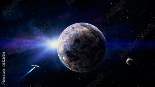 Space background. Spaceship fly to planet in colorful blue nebula. Elements furnished by NASA. 3D rendering