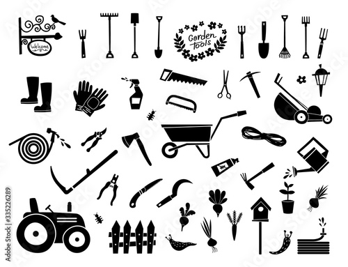 Big gardening icons set and design elements. Garden tools and decor collection, isolated vector on a white background.