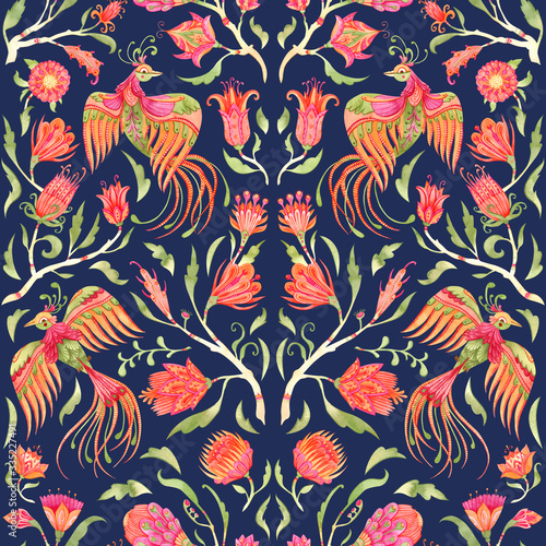Colorful symmetric watercolor seamless pattern with exotic birds on blue background. Fairytale folk hand painted illustration.
