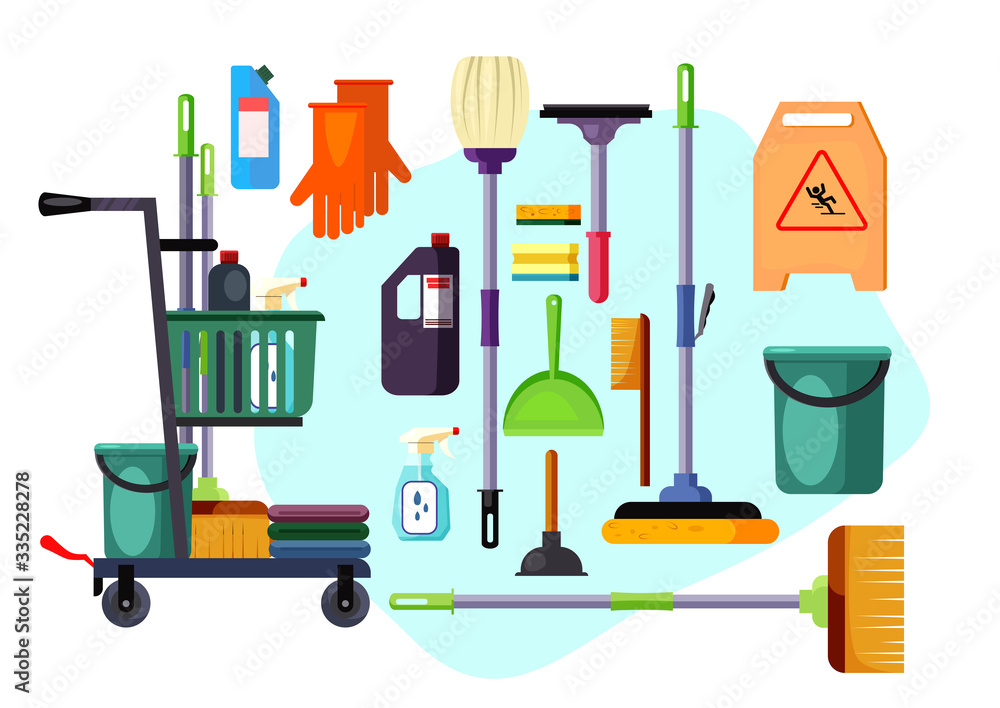 Set of cleaning supplies and tools. Brooms, sanitary, housework. Can be used for topics like cleanup, housekeeping, disinfection