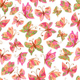 Watercolor butterflies on white background seamless pattern. Hand painted beautiful butterfly illustration.
