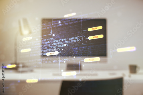 Wallpaper Mural Multi exposure of abstract graphic coding sketch on modern computer background, big data and networking concept Torontodigital.ca