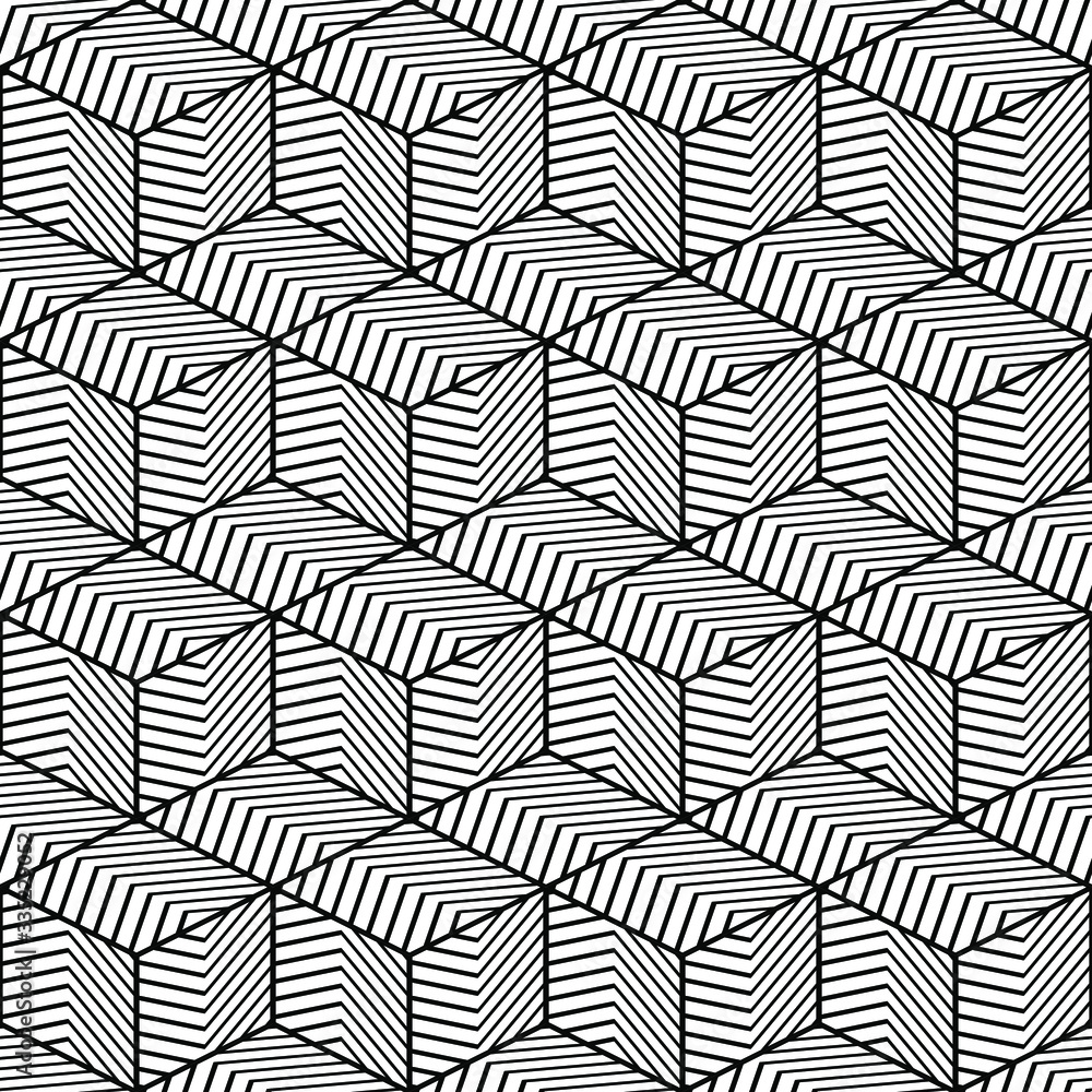 Seamless geometric abstract black and white striped zig zag cube vector pattern. Gift wrapping paper, interior, cloth, fabric or web design.