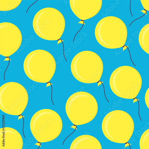 Seamless vector birthday party pattern with bright yellow balloons on blue background. Gift wrapping paper, interior, cloth, fabric or web design.