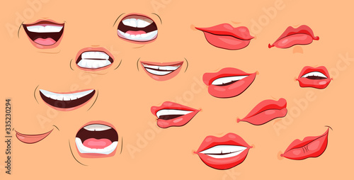 Smiles and lips icons set. Flat icons on beige background. Lips, teeth, smile. Human face concept. illustration can be used for topics like psychology, anatomy, emotions photo