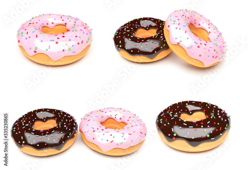 Donuts with chocolate and pink frosting. 3d rendering illustration