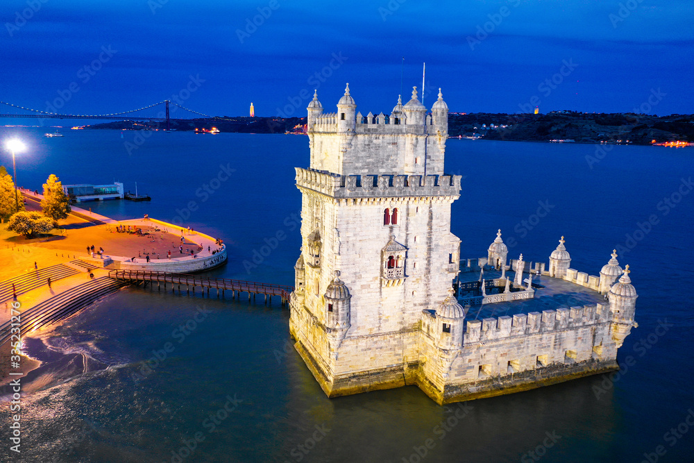 Aerial view of Belem Tower in Lisbon, Portugal during the sunset