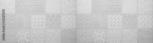 Gray bright vintage retro geometric square mosaic motif  cement concrete tiles texture background banner panorama