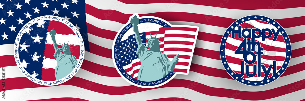 USA 4th July Independence Day holiday emblem set. Round badges with US flag and Statue of Liberty. Vector illustration.