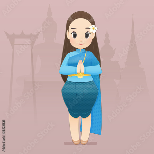 illustration thai women in Thai traditional wear say hello Sawasdee. Hello, Sawadee with Bangkok background. Flat character illustration design.