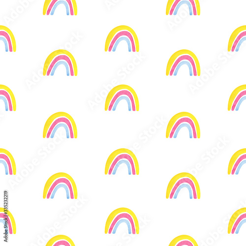 Seamless pattern made of rainbow .Pink, yellow, blue. Festive background for summer and children.Watercolor illustrations on a white background. Cute, fun print