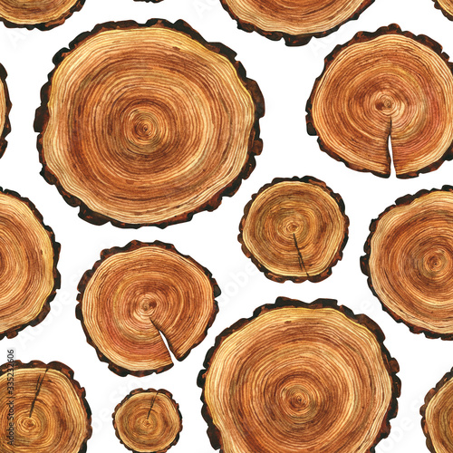 Seamless pattern with wood cut. Eco-friendly wooden background. Watercolor illustration with texture of the trees. Nature, stump, wood, woodcutter, brown,