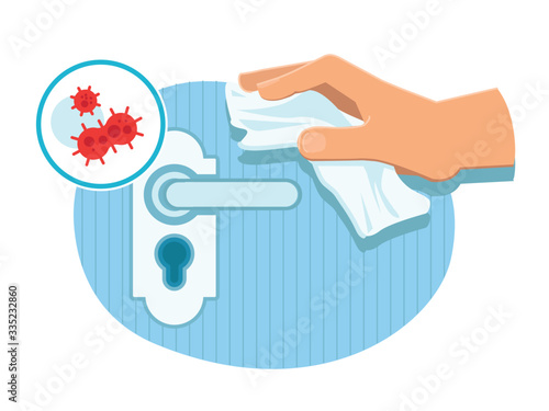 Touching a door handle in public place with paper napkin avoiding contact with surface. Extra precautions to prevent coronavirus infection. Safety during COVID-19 pandemic. Sanitary and hygiene.