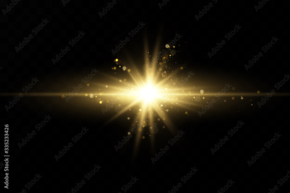 Set of golden light effects. Flashes and glares. Bright rays of light. Glowing lines. Vector illustration. Christmas flash. dust. - obrazy, fototapety, plakaty 