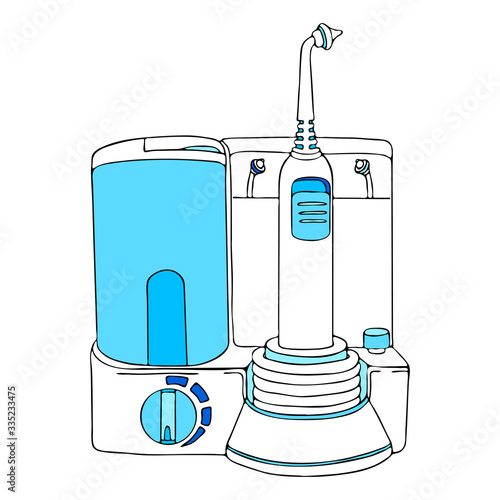 Oral irrigator. Water flosser. Teeth brushing machine dental product personal hygiene. Interdental wash braces. Color vector isolated flat doodle realistic drawing black outline white background icon.