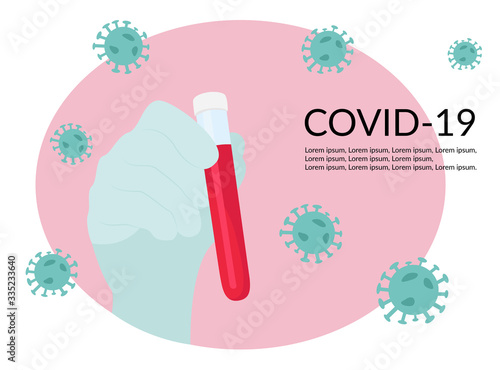 Doctor or laboratory medical staff hands in gloves holding coronavirus test tube with blood sample or virus vaccine. Medical concept of coronavirus disease 2019 COVID-19 or SARS-CoV-2 test close-up.