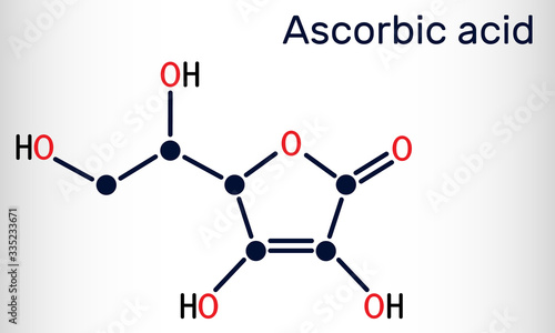 Ascorbic acid, vitamin C, C6H8O6 molecule. Food additive E300. Structural chemical formula