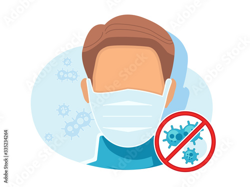 Wearing a face mask in public place or giving care to person infected with coronavirus. Extra precautions in public spaces. Safety during COVID-19 pandemic. Sanitary and hygiene.