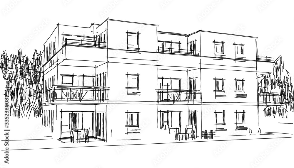 Esquisse d'architecte d'un petit immeuble résidentiel moderne avec balcon