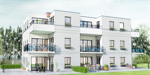 Fotografie Concept et esquisse 3D d'un petit immeuble résidentiel moderne avec balcon et ja