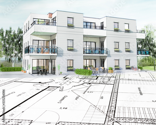 Concept 3D d'un petit immeuble résidence moderne avec balcon et jardin