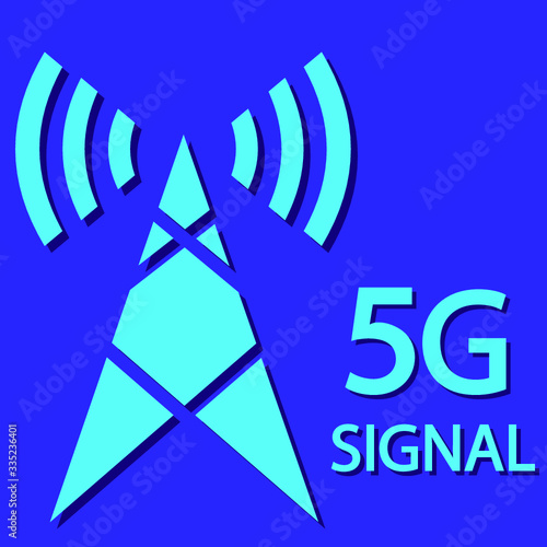 5g signal technology icon. Radio tower with text "5G signal". New 5th generation mobile network, high speed connection wireless systems and more. Vector illustration isolated on blue background