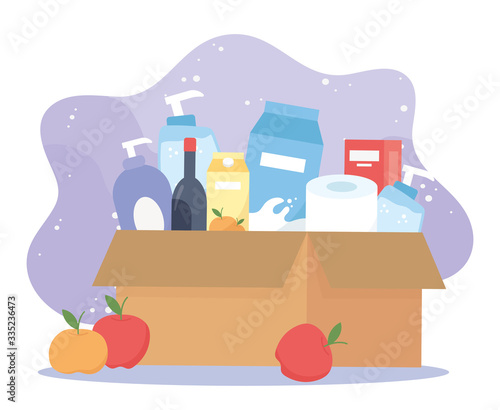 full cardboard box with wine, food toilet paper cleaning products, excess purchase