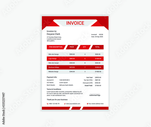 Creative red & black color invoice template design for your business