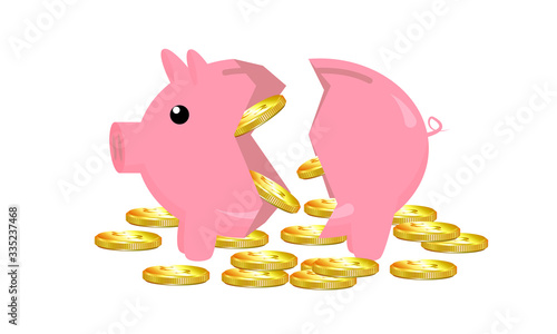 Broken piggy piggy bank with coins, vector art illustration.