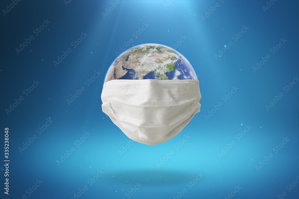 Obraz premium The Earth wears a mask to protected the spread of the virus. 3D Render earth wearing Mask protection Isolated with Clipping path on Dark Blue Light Ray Background.