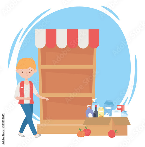 guy with sold out shelf and cardboard box full food excess purchase