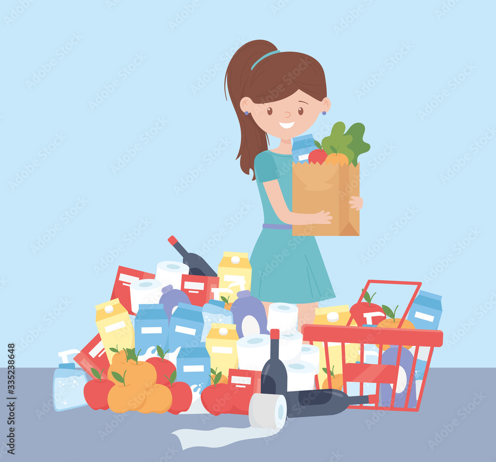 customer with grocery bag and many products cleaning and food excess purchase