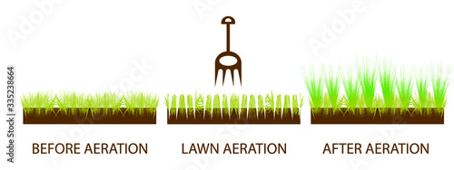 Lawn aeration. Gardening grass lawn care, landscaping service. Before and after lawn aeration, lawn grass care service, gardening and landscape design. Vector illustration