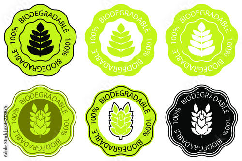 Biodegradable icon. One hundred percent biodegradable label. Set of round stamps with lettering "100% biodegradable". Vector illustration isolated on white background
