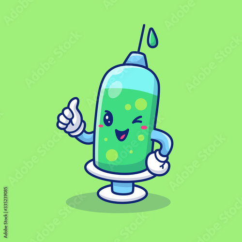 Cute Injection Cartoon Vector Icon Illustration. Healthy Mascot Character. Health And Medical Icon Concept White Isolated. Flat Cartoon Style Suitable for Web Landing Page, Banner, Flyer, Sticker, 