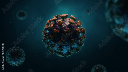 COVID 19 Coronavirus 3D Animation.  Accurate model of dangerous pandemic virus cell close up under microscope.  photo