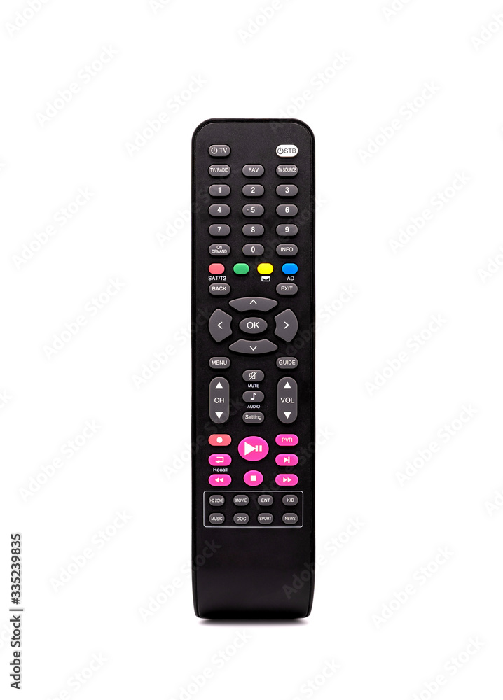 Black TV remote control with a pink button on a white background or isolated Black TV remote control with a pink button on a white background or isolated