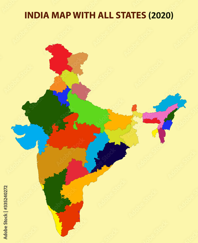 India Map With State Name In Hindi India New Map With States Name. India Map 2020. New States Division In India.  Stock Illustration | Adobe Stock