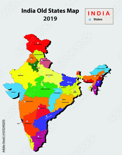3D view of India map. States map of India in 3d view. old map of India with all states division.