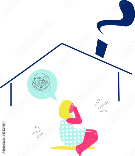Sad, unhappy woman who is depressed. Vector illustration about stress, loneliness, depression in quarantine. Self isolation at home in covid-19 epidemic, 