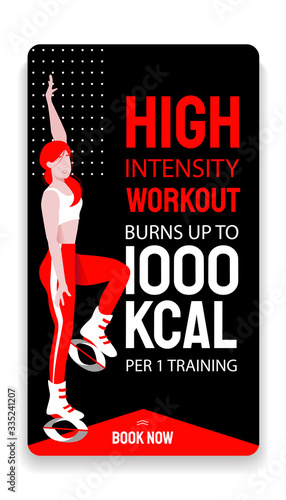Kangoo jump high intensity interval workout advertisement story template. Female in sport outfit and bounce shoes doing knee up jump exercise. Cardio fitness and weight loss fun training.